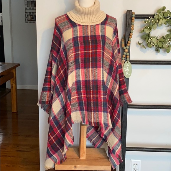 JANICE RED PLAID TURTLENECK PONCHO - Picture 4 of 11